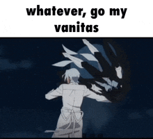 a man in a white coat is standing in front of a dark background with the words whatever go my vanitas on it
