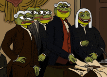 a cartoon of a group of green frogs in suits and wigs