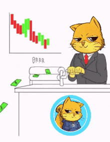 a cartoon of a cat in a suit sitting at a desk with a graph in the background
