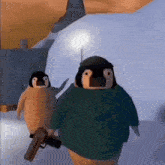 a penguin is holding a gun in a video game while another penguin looks on .