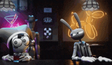 a couple of cartoon characters sitting at a bar with a martini glass