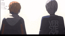 two anime characters are standing next to each other and one of them has the word ver on his back