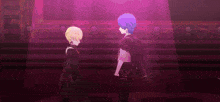 a couple of anime characters standing next to each other in a dark room