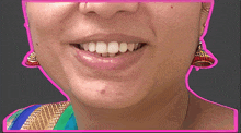 a close up of a woman 's face with a pink outline around her mouth