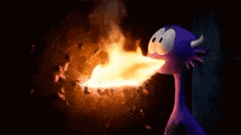 a cartoon character is blowing fire from its mouth .