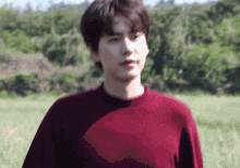 a young man is standing in a field wearing a maroon sweater .