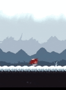 a video game scene with mountains in the background and a person running in the snow