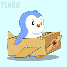 a penguin is sitting in a cardboard box with the word pengu on the bottom right