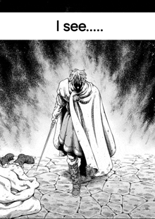 a black and white drawing of a man with a sword standing next to a dead body .