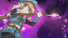 a girl in a blue outfit is holding a gun with a purple background
