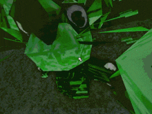 a drawing of a green and black object with a white arrow pointing to the bottom