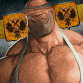 a cartoon drawing of a man with a russian coat of arms in the background