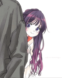 a drawing of a girl with purple hair behind a man