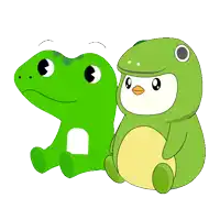 a green frog and a green penguin are sitting next to each other