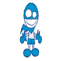 a drawing of a blue and white cartoon character with a lightning bolt around his neck