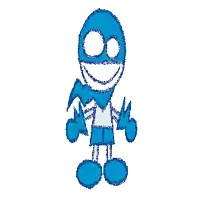 a drawing of a blue and white cartoon character with a lightning bolt around his neck