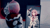 a girl with pink hair stands in front of a mirror