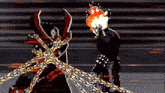 a pixel art of spawn and ghost rider fighting each other