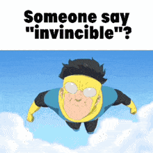a man in a superhero costume is flying through the air while someone says " invincible "