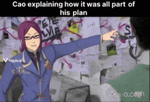 a cartoon of a man explaining how it was all part of his plan on a wall of papers