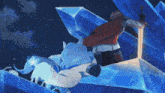 a man in a red cape is holding a sword in front of a large ice crystal