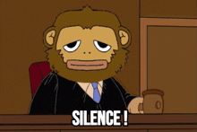 a cartoon of a monkey judge holding a gavel and the words silence