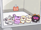 a group of cartoon characters are standing in a room with a sign that says will bite