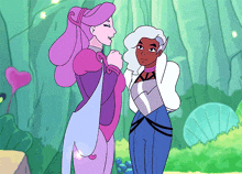 two cartoon characters are standing next to each other in a forest