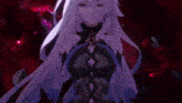 a girl with long white hair is standing in front of a dark background