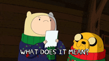a cartoon character holding a piece of paper with the words what does it mean below him