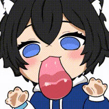 a cartoon character with black hair and blue eyes is sticking out his tongue and making a funny face .
