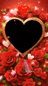 a heart surrounded by red roses and a butterfly