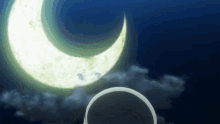 a crescent moon in the night sky with a circle in the foreground