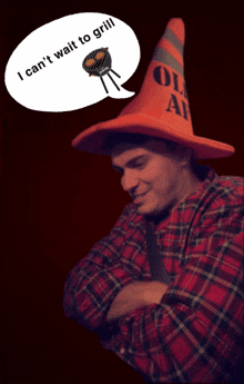 a man wearing an orange hat that says i can 't wait to grill on it