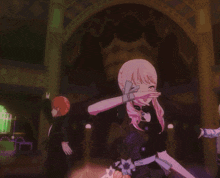 a girl with blonde hair and red eyes is smiling and making a peace sign