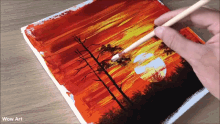 a painting of a sunset with trees and the words wow art on the bottom