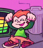 a cartoon character is standing in front of a trash can and a trash can .