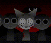 a group of cartoon characters are standing next to each other in a dark room and one of them is smiling .