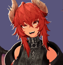 a girl with red hair and horns is wearing a choker with spikes and a cross on it