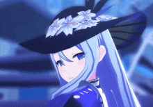 a girl with long blue hair wearing a black hat with flowers on it