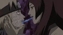 a man and a woman are looking at each other with a blue light coming out of her mouth