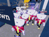 a group of people standing in front of a sign that says morphs on it