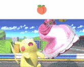 a peach is above a cartoon character in a pink dress