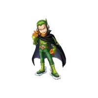 a cartoon character with green hair and a black cape is standing on a white background