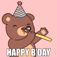 a teddy bear wearing a party hat is blowing a party horn with the words happy b day written below it