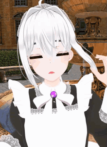 a girl with white hair is wearing a maid outfit with a purple necklace
