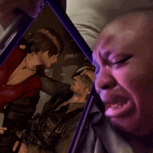 a man is crying while a woman is standing next to him in a video game