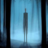 a slender man stands in a foggy forest