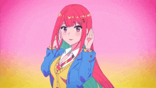 a girl with red hair is wearing a blue jacket and yellow sweater