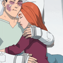 a cartoon of a woman hugging a man who has a bruise on his face
